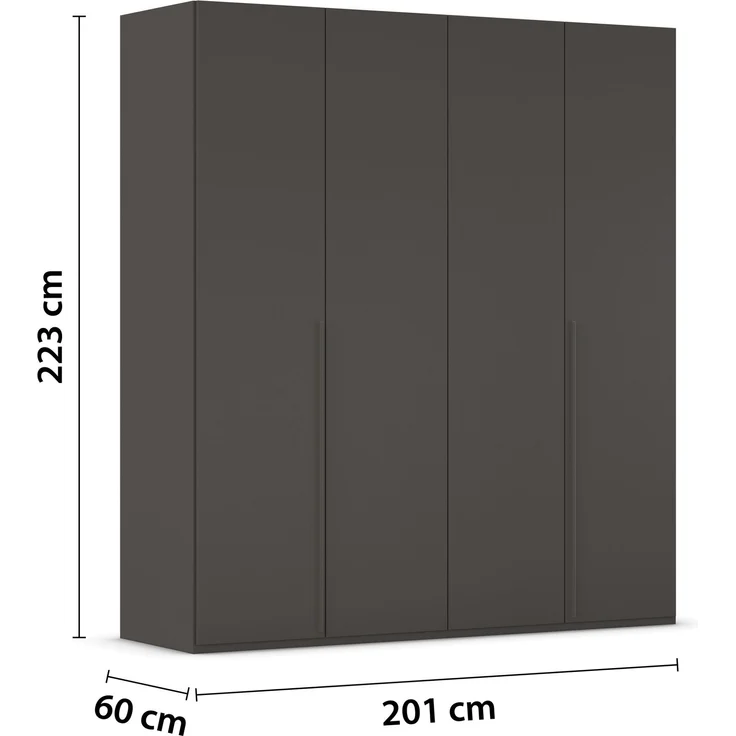 rauch Montclar Kleiderschrank 4-türig, mit 7 Einlegeböden, 2 Kleiderstangen, 1 Schubkasteneinsatz, 1 Inneneinteilung, 1 Innenspiegel, Farbe Graphit, BxHxT 201x223x60 cm – Bild 5