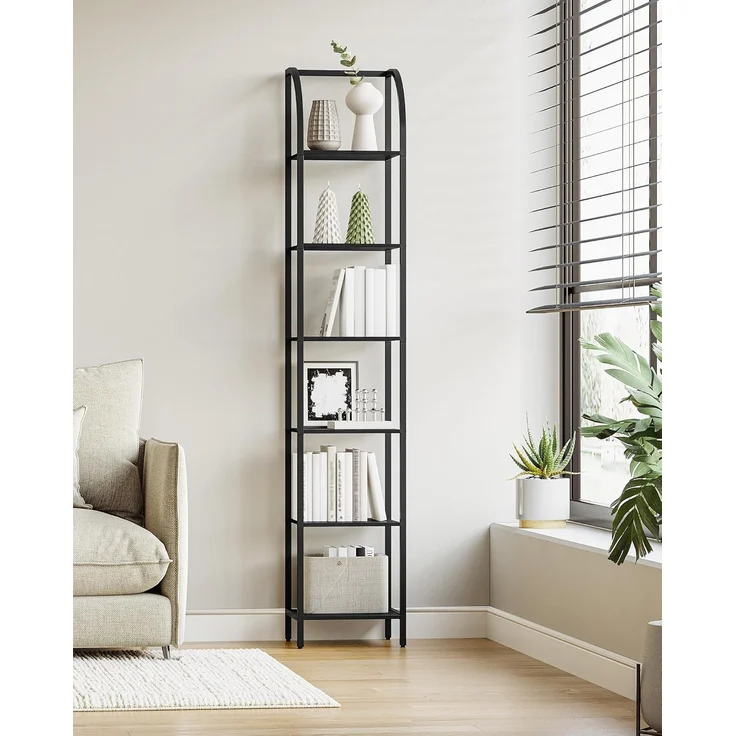 Bücherregal, 6 Ebenen Standregal, DVD-Regal, Schmale Regale, Offenes Regal, Industriestil, Metallrahmen, Geeignet für Arbeitszimmer, Wohnzimmer, Schlafzimmer, Küche, Schwarz – Bild 4