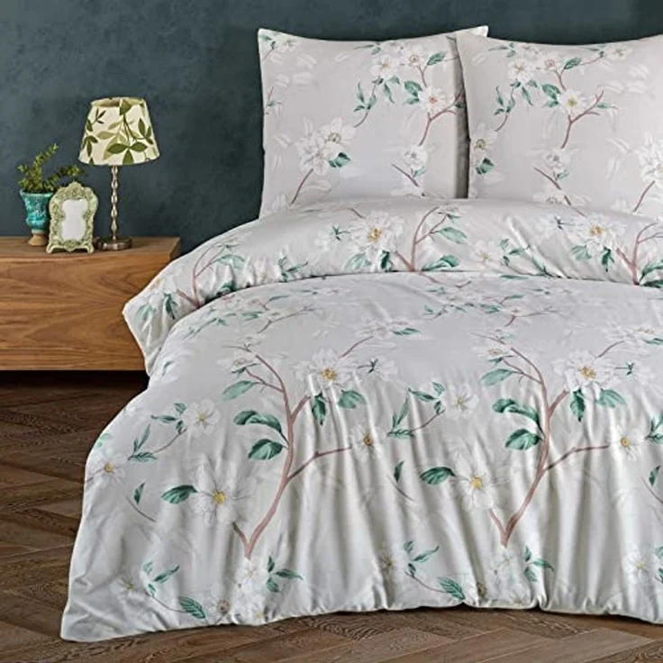 Buymax Bettwäsche Laris, Renforcé: 100% Baumwolle, 3 teilig, Bettbezug Set, Reißverschluss, Blätter Floral, Grau Grün – Bild 1
