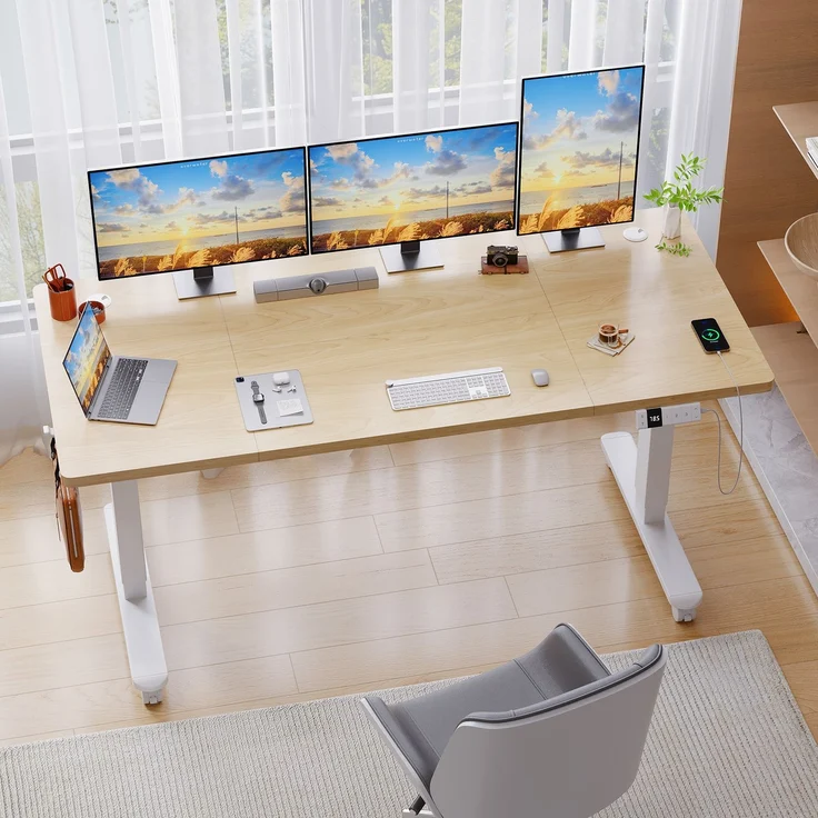 Devoko Elektrisch Höhenverstellbarer Schreibtisch Holzwerkstoff und Metall Beige 160 x 80 x 72-118 cm – Bild 1