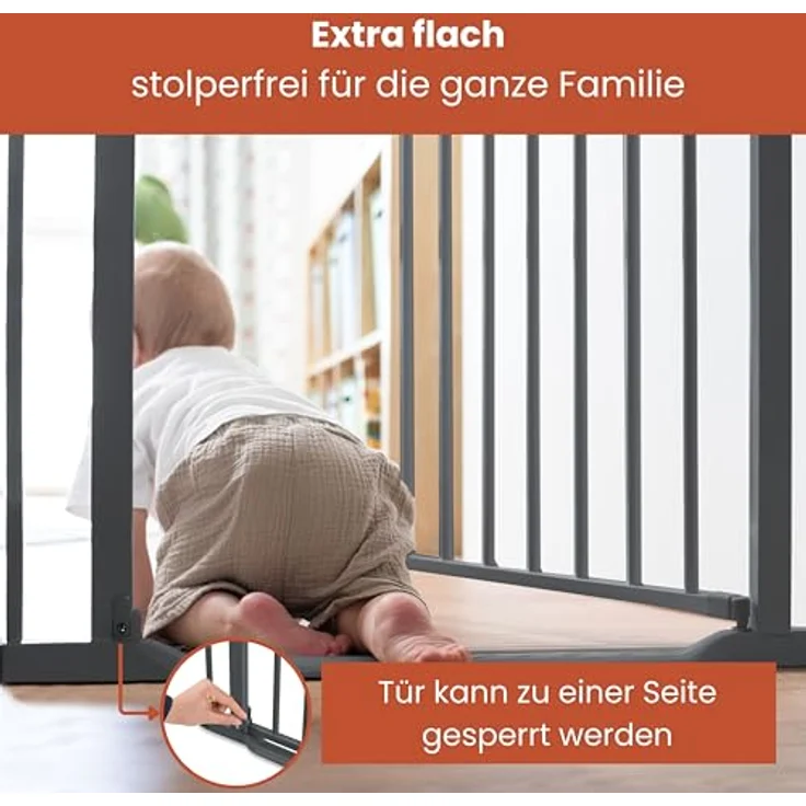 Hauck Treppenschutzgitter Türschutzgitter Clear Step Autoclose 2, für Breiten 75 - 80 cm, Ultra Flache Schwelle, Automatischer Schließmechanismus, ohne Bohren, Einhändiges Öffnen, Metall, Dunkelgrau – Bild 5
