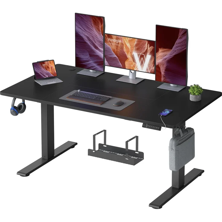 VASAGLE Höhenverstellbarer Schreibtisch, 140x80 cm, USB-C-Anschluss, Ablage für Steckdosenleiste, Stehtisch, Erinnerung bei langem Sitzen, 3 Speichertasten, für Büro, tintenschwarz LSD144BZ02