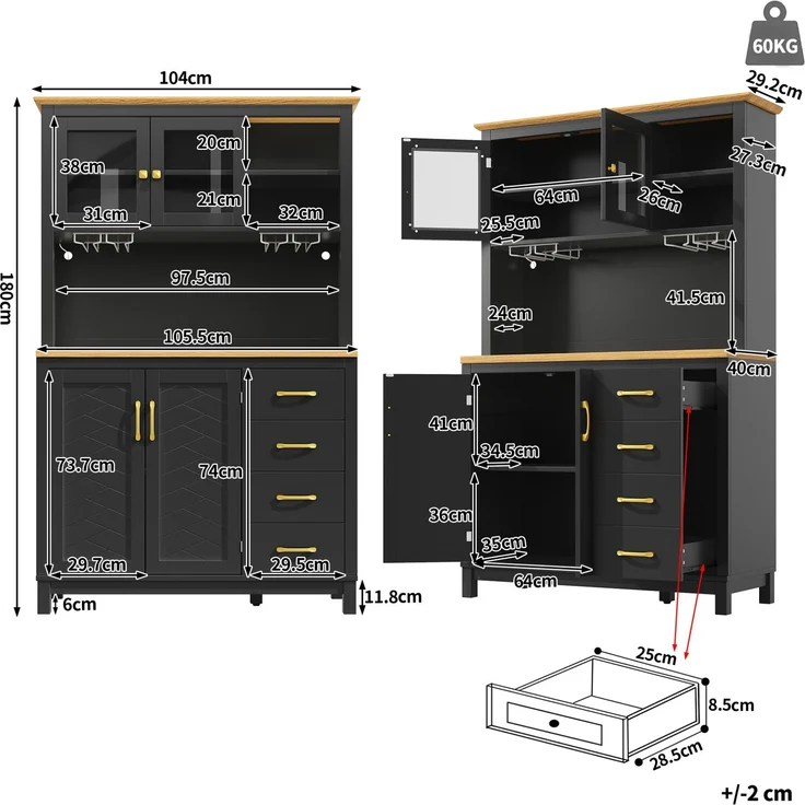 Buffetschrank 105,5x40x180 cm mit Schubladen und App-gesteuerter LED-Lichtleiste – Schwarz – Bild 4