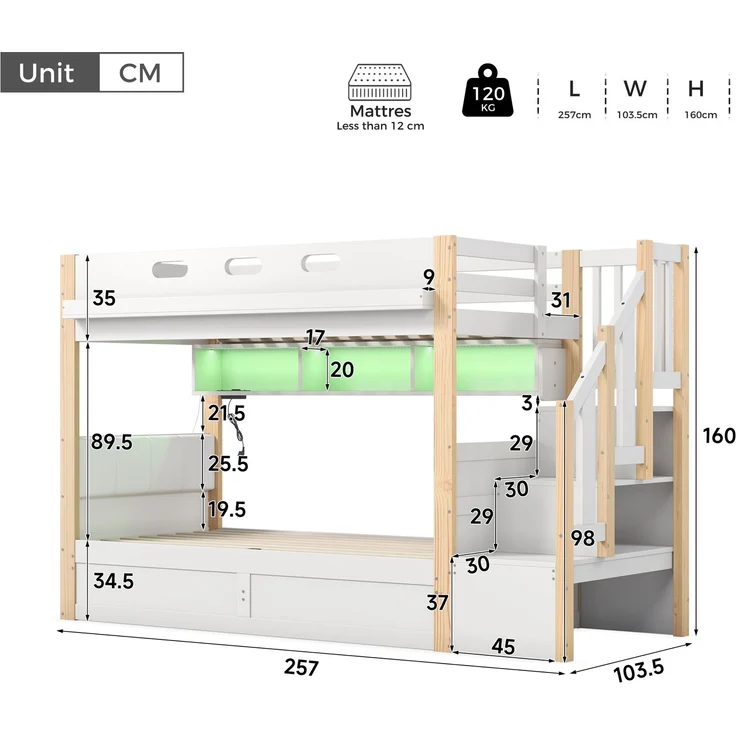 U-life Etagenbett 90x200 cm, fürs Kinderzimmer, Kinderbett, Holzbett, LED-Beleuchtung, USB-Aufladen, Massivholz, Weiß – Bild 6