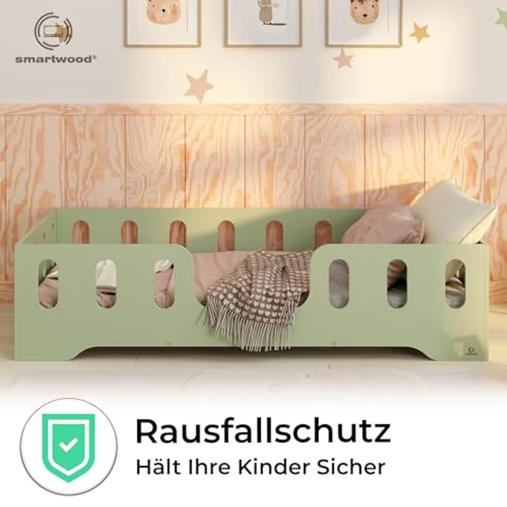 smartwood Kinderbett Bodenbett 100x200 mit Rausfallschutz & Lattenrost - Grün - Kinder Montessori Bett TILA 2 mit glatten Kanten - Betten für schnelle Montage - Bis 230 kg belastbar – Bild 7