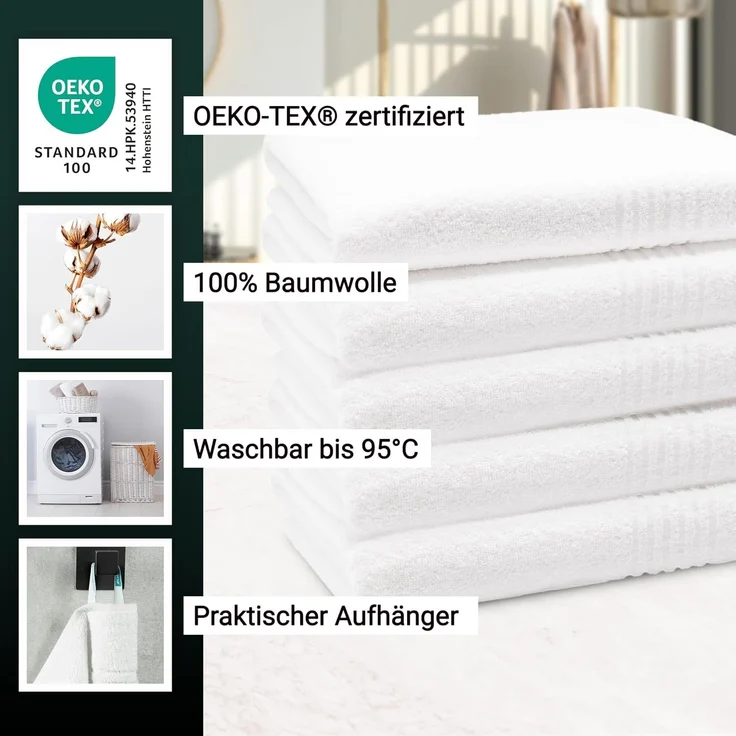ZOLLNER Duschtuch 5er Set, Baumwolle, 70x140 cm, weiß – Bild 3