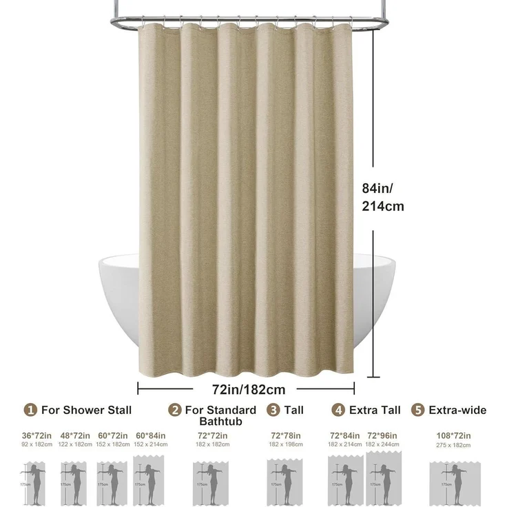 Duschvorhang Leinen Metallringe Textil Anti Schimmel Wasserdicht Taupe 182x214cm – Bild 6