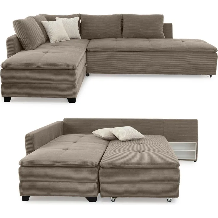 Ecksofa-Dauerschläfer Doppelbett Federkern Bettkasten Couch in Cord Braun Taupe