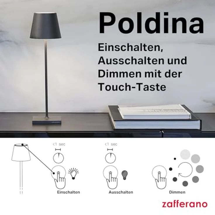 Zafferano, Poldina Pro Lampe, Kabellose, Wiederaufladbare Tischlampe mit Touch Control, Auch für den Außenbereich Geeignet, Dimmer, 2200-3000 K, Höhe 38 cm, Farbe Corten – Bild 7