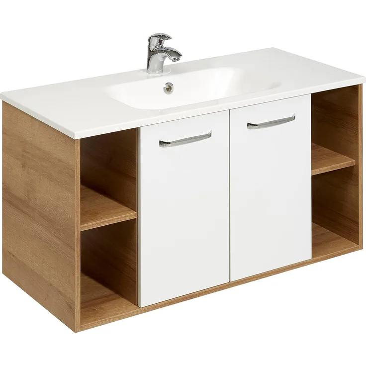 Pelipal Waschtischunterschrank Quickset 362 mit Mineralmarmor-Waschbecken in Riviera Eiche Quer Nachbildung, 101 cm breit | Waschplatz mit 2 Drehtüren und 2 Ablagefächern