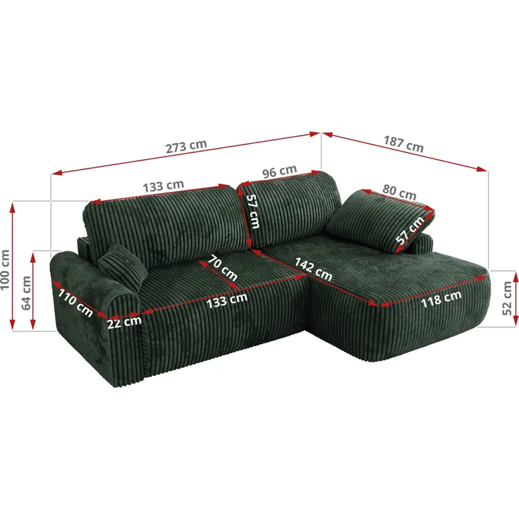 Ecksofa, L-förmiges, lose Kissen, DL-Schlaffunktion, (H 100 x T 187 x B 273 cm) - CUBO L - Cord Grün - linke Seite – Bild 6