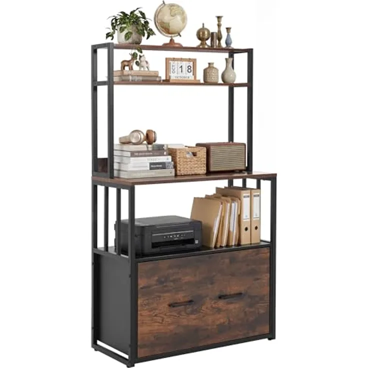 YITAHOME Aktenschrank mit Schublade, Aktenschrank mit Bücherregal für A4, Briefe, Rechtsakten, Metall-Aufbewahrungsschrank, Druckerständer für Büro, Schule, Zuhause, Organisation, rustikales Braun