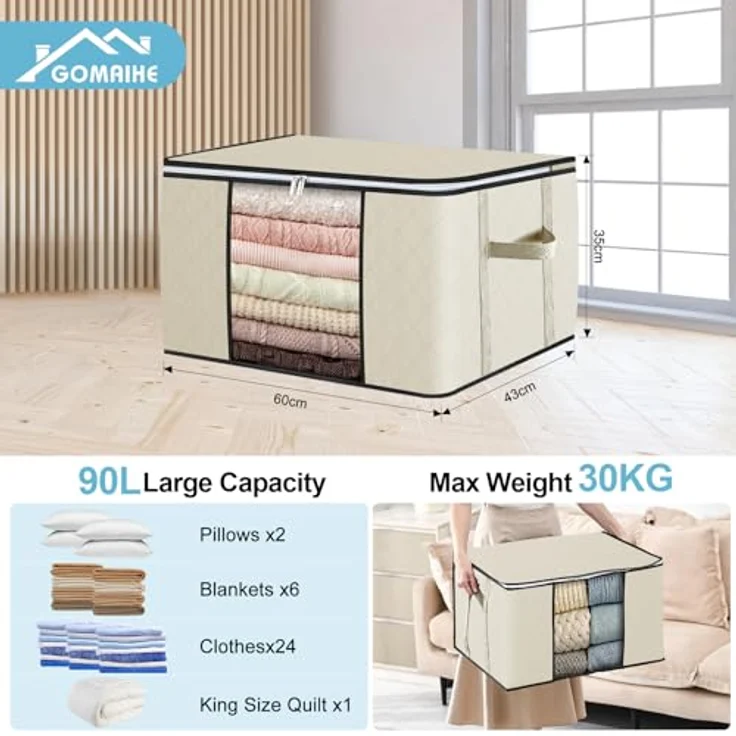 GoMaihe 90L Aufbewahrungstasche 8 Stück, Aufbewahrungsbox mit Deckel Groß Verstärkte Griffe, Kleidung Umzugskartons für Bettdecken, Unterbett Aufbewahrung Kleiderschrank Boxen Organizer Beige – Bild 3