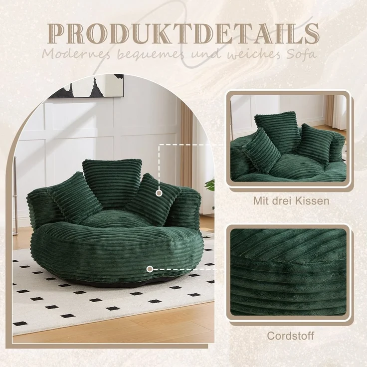 BlingBin Sitzsack Cordstoff-Sofa, Lazy Sofa (Sofa, 1 St, 108 x 108 x 52 cm), Mit drei Kissen, für Erwachsene und Kinder gleichermaßen geeignet – Bild 2