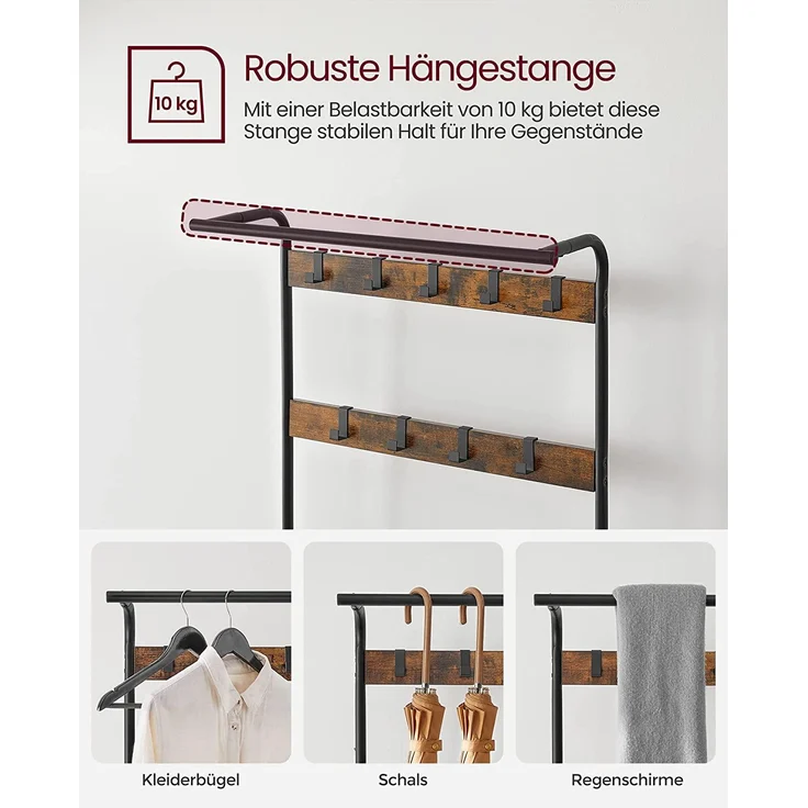 Garderobenständer, Freistehender Flurbaum, Garderobenständer mit abnehmbaren Haken, Sitzbank und Schuhregal, Höhe 183 cm – Bild 3