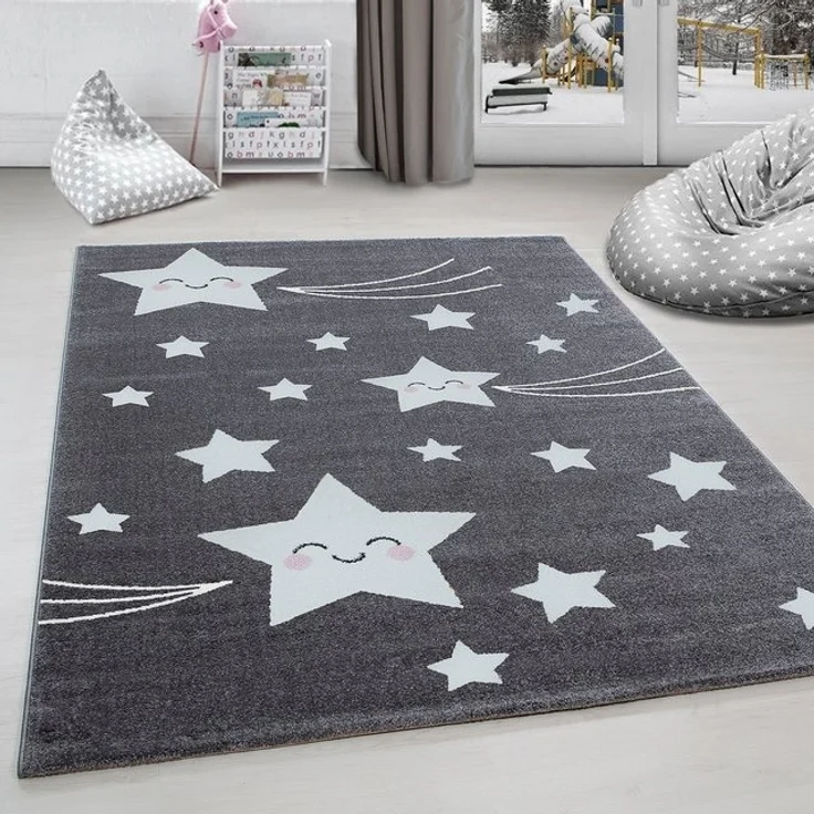 Carpettex Kinderteppich Sterne-Design, Rund, Höhe: 11 mm, Kinderteppich Stern-Design Grau Baby Teppich Kinderzimmer Pflegeleicht – Bild 4
