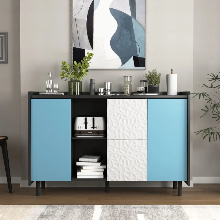 Schwarzes Sideboard-Buffetschrank mit blauen Türen – 2 Schubladen und offener Stauraum für Küche und Wohnzimmer – Bild 3