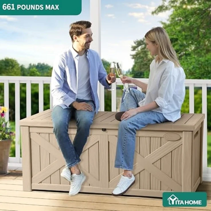 YITAHOME Große Aufbewahrungsbank 450 Liter mit X-Front, Wetterfeste Outdoor-Sitzbank, Resin Gartenbox für Terrassenkissen, Poolzubehör, Gartengeräte - Abschließbar, Hellbraun – Bild 2