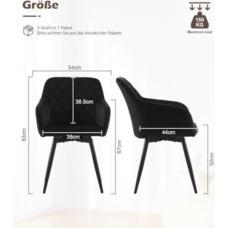 TUKAILAI Esszimmerstühle Drehbar 2er-Set Samt, Drehstuhl Esszimmer mit Armlehnen Rückenlehne Metallbeine,Küchenstuhl Polsterstuhl Armlehnenstuhl für Wohnzimmer Küche Schlafzimmer, Schwarz – Bild 4