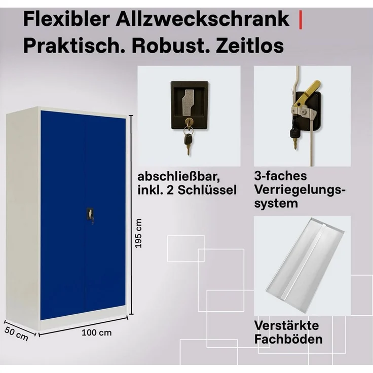 LagerZwei Aktenschrank Stahlschrank 195x100x50 cm (1-St) 3-fach verriegelt, 4 Böden, bis 60 Ordner, Flügeltüren 130° – Bild 3