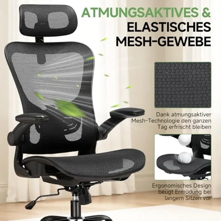 GTPLAYER Bürostuhl Ergonomisch, Schreibtischstuhl mit Verstellbarer Kopfstütze, Armlehnen, Lendenwirbelstütze, Büro Stuhl & Gaming Stuhl Wippfunktion, Chefsessel aus Mesh, 150kg(Schwarz) – Bild 4