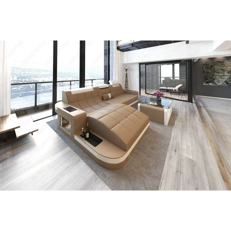 Mini Ecksofa Wave L Form aus Leder - Echtleder - sandbeige-weiß - Links – Bild 2