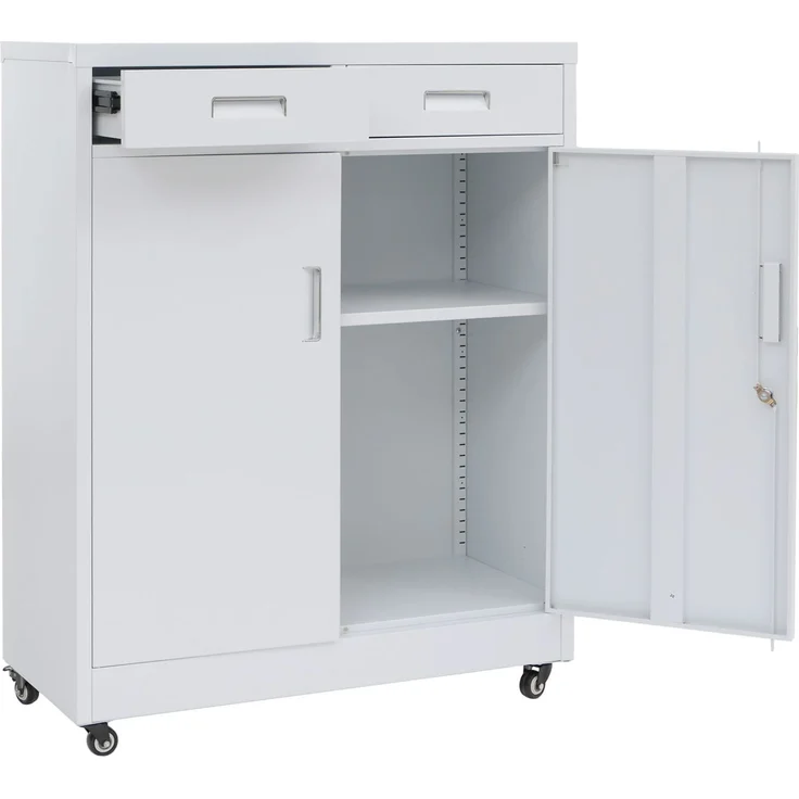 Aktenschrank HWC-O89, Stahlschrank Büroschrank, Rollen Türen Schubladen abschließbar Metall 116x90x40cm ~ weiß – Bild 8