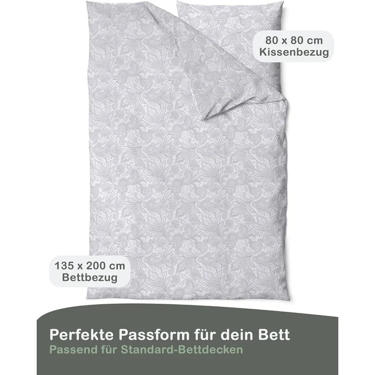 LINKHOFF Bettwäsche Biber Bettwäsche 135x200cm / 155x220 - 2tl. Blumenmuster in Grau Weiß, 100% Baumwolle - Bettwäsche-Set Aesthetic Floral Paisley Zweige – Bild 2