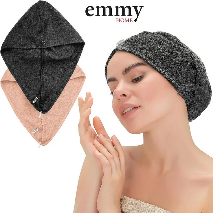 2er Set Haarturban mit Knopf aus 100% Baumwolle Haartrockentuch Anthrazit, Rosa – Bild 3