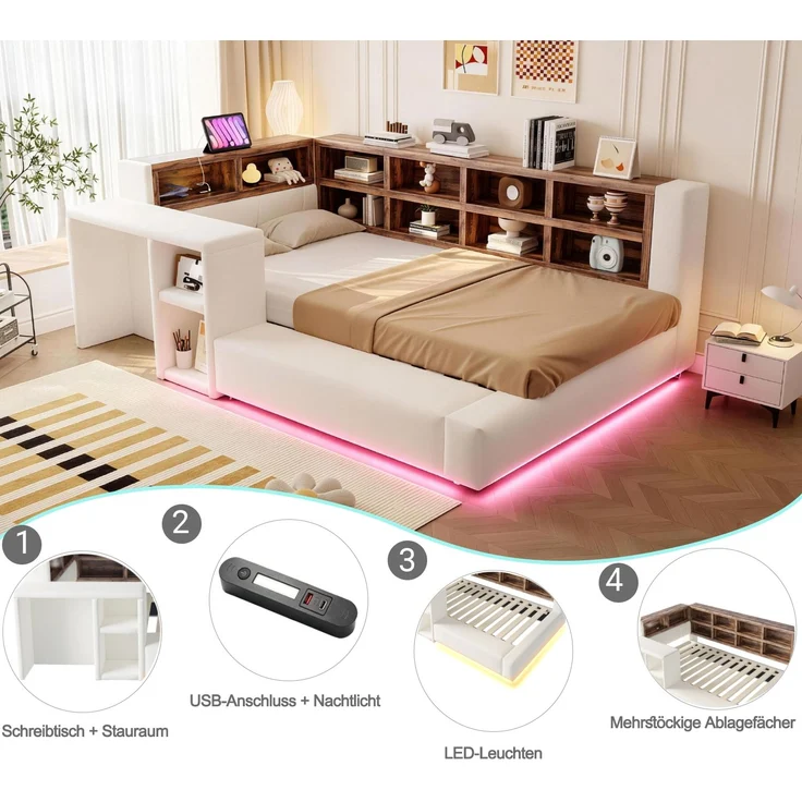 U-life Polsterbett 90x200 cm, fürs Schlafzimmer, Mit Polsterbezug, Mit Mehrstufigen Stauräumen, LED-Beleuchtung, Integrierten, Samtstoff, Beige – Bild 6