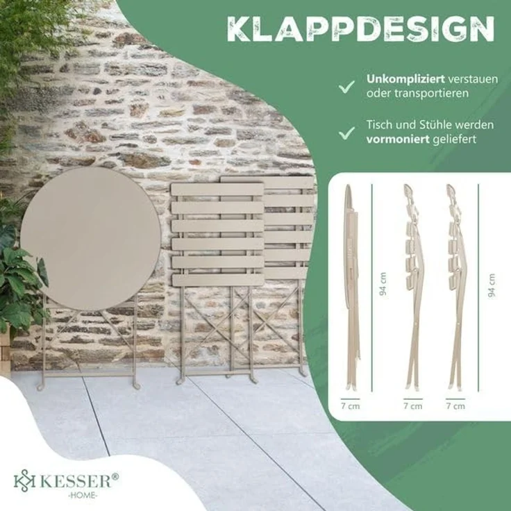 KESSER® Bistroset, 3-teilig, Bistrotisch mit 2 Stühle, inkl. Abdeckung, klappbar, Metall Cappuccino – Bild 3