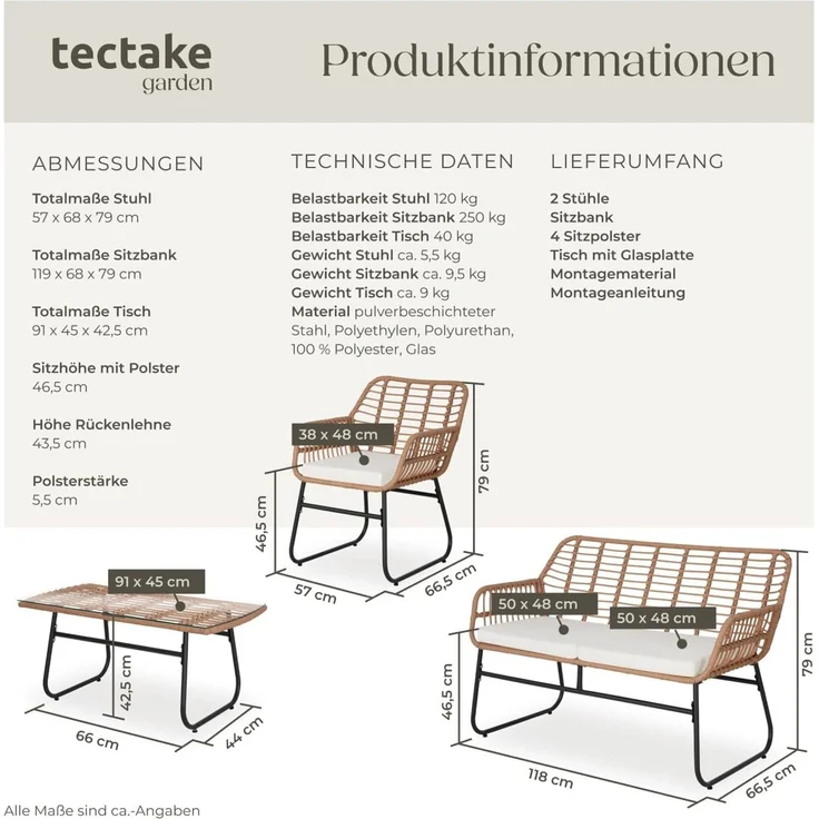 tectake® Outdoor Rattan Sitzgruppe, Möbel, Balkonmöbel, Gartenmöbel Set mit 1x Gartenbank, 2X Stühle + Tisch, Balkonmöbelset für Garten, Terrasse, Balkon - Natur – Bild 6