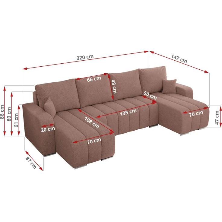 U-förmiges Ecksofa mit Schlaffunktion und Bettkasten, Couch U-form - KIRASSO U - Rosa Boucle – Bild 7