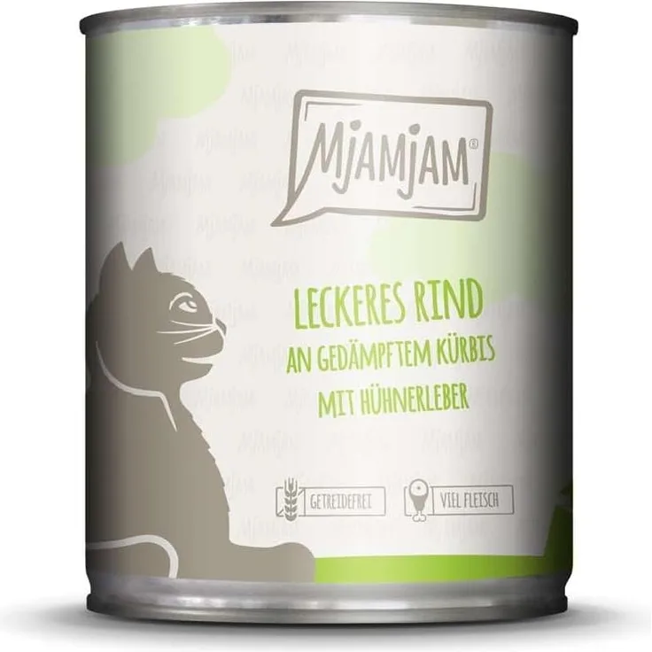MjAMjAM - Premium Nassfutter für Katzen - leckeres Rind an gedämpftem Kürbis, 6er Pack (6x800 g), getreidefrei mit extra viel Fleisch