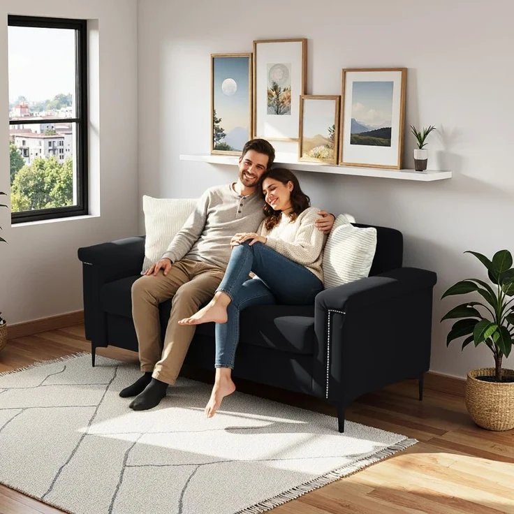 Ball & Cast 2 Sitzer Sofa mit Metallbeinen, Jugendsofa mit Klassischer Nietenverzierung, Elegant Skandinavischer Stil für Wohnzimmer, 172x81.5x73.5 cm (BxHxT), Schwarz