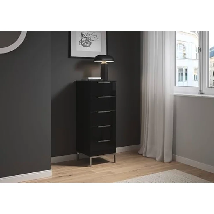 Rauch Möbel Flipp, Nachttisch für Schlafzimmer, Flur, Garderobe, 5 Schubladen, mit Softclose Funktion, Farbe Front Glas Schwarz, Breite 40 cm – Bild 2