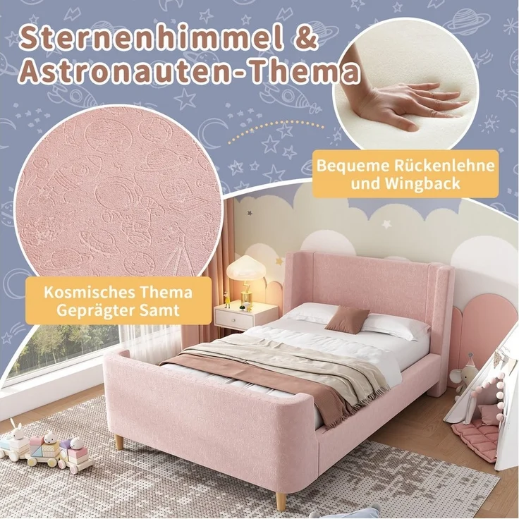 Flieks Polsterbett, Kinderbett Einzelbett 90x200cm mit kosmischem Muster Samt – Bild 3