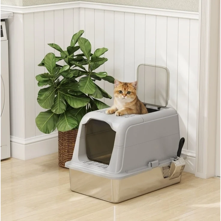 Katzentoilette 60,4 x 40,4 x 41,8 cm mit Deckel, Edelstahlschale und Streuschaufel – Bild 3