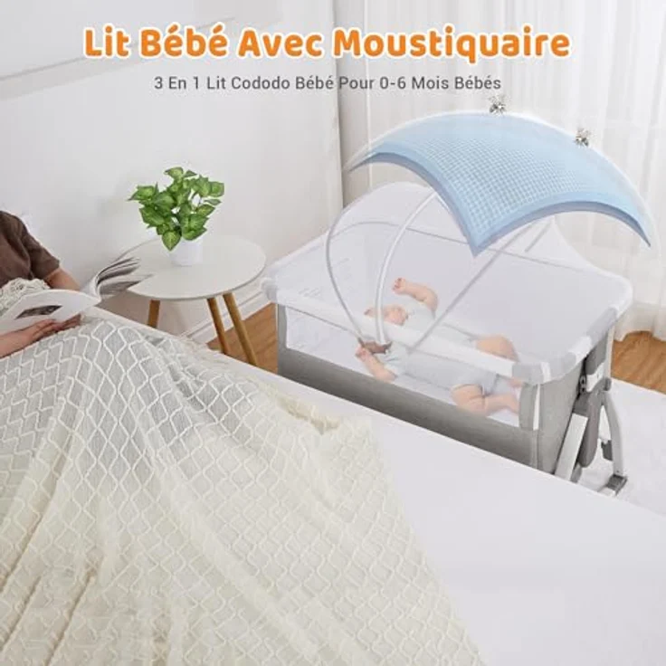 GarveeHome 3 in 1 Baby Beistellbett, Klappbares Beistellbett, Babywiege Mit Matratze Und Moskitonetz, Höhenverstellbar, Mit Reisetasche, Für Babys Von 0 Bis 36 Monaten, Hellgrau – Bild 3