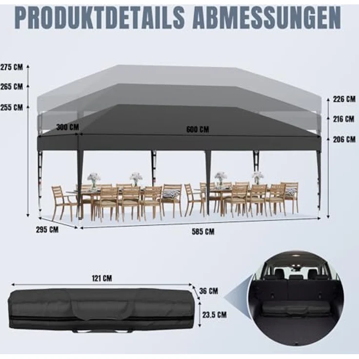 JUMMICO Pop up Pavillon 3x6 wasserdicht stabil Winterfest, One-Touch-Aufbau, Faltpavillon mit Seitenwänden, UV 50+, Shelter ideal für Garten, Innenhof, Camping und Partyzelte. Dunkelgrau – Bild 3