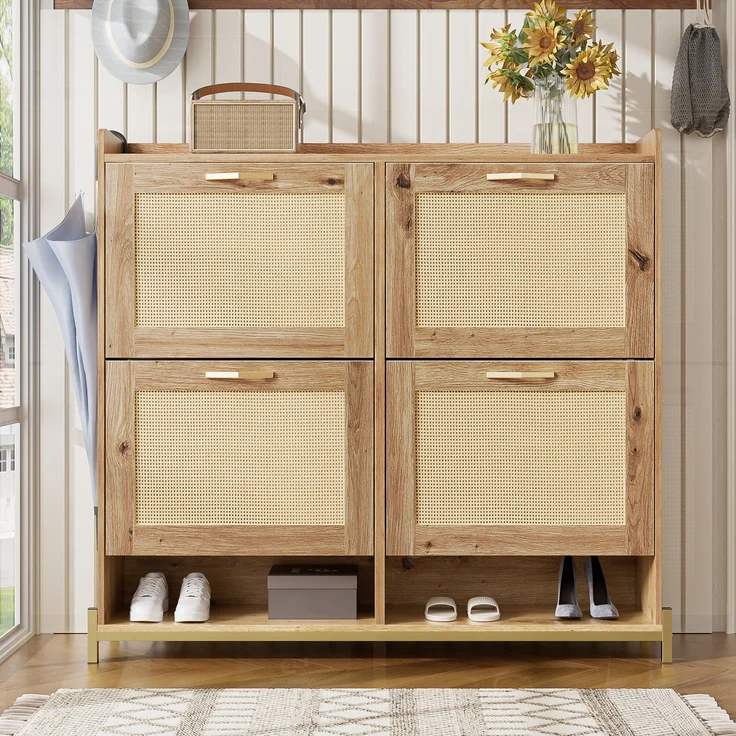 Schuhschrank aus MDF mit Metallgestell & oberer Ablage, 108,5x24x100 cm, Holzfarbe – Bild 2