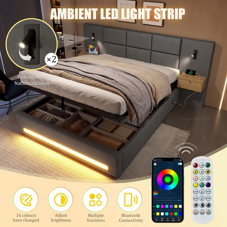 TavilaEcon Boxspringbett mit Samtkopfteil, praktischen Stauschubladen und LED-Nachtlicht grau Liegefläche 180 × 200 cm – Bild 6
