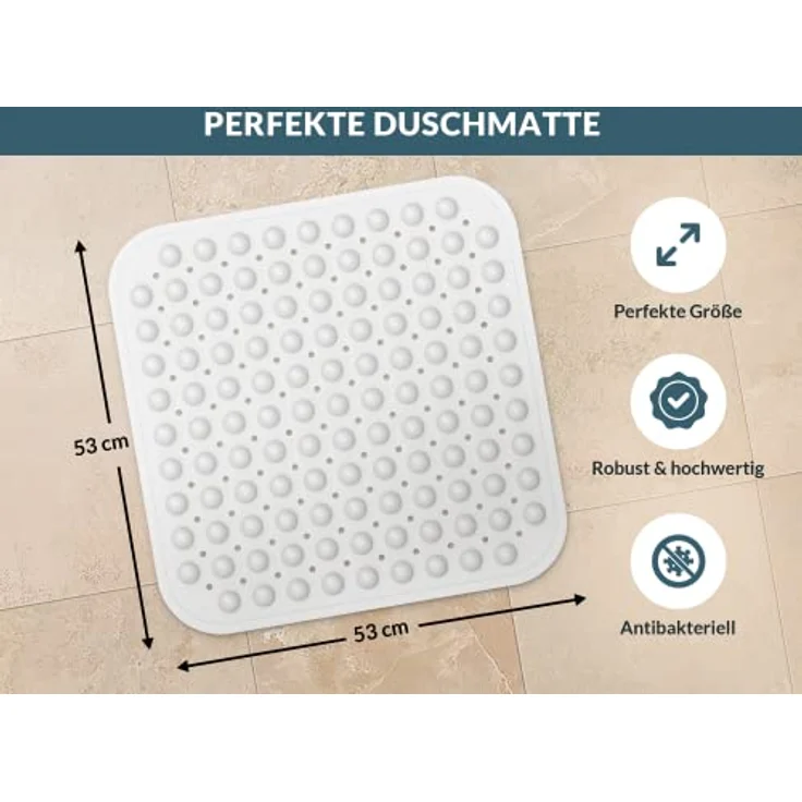 badegut Duschmatte rutschfest 53 x 53 cm, mit Abflusssieb und Klebehaken, weiß – Bild 2