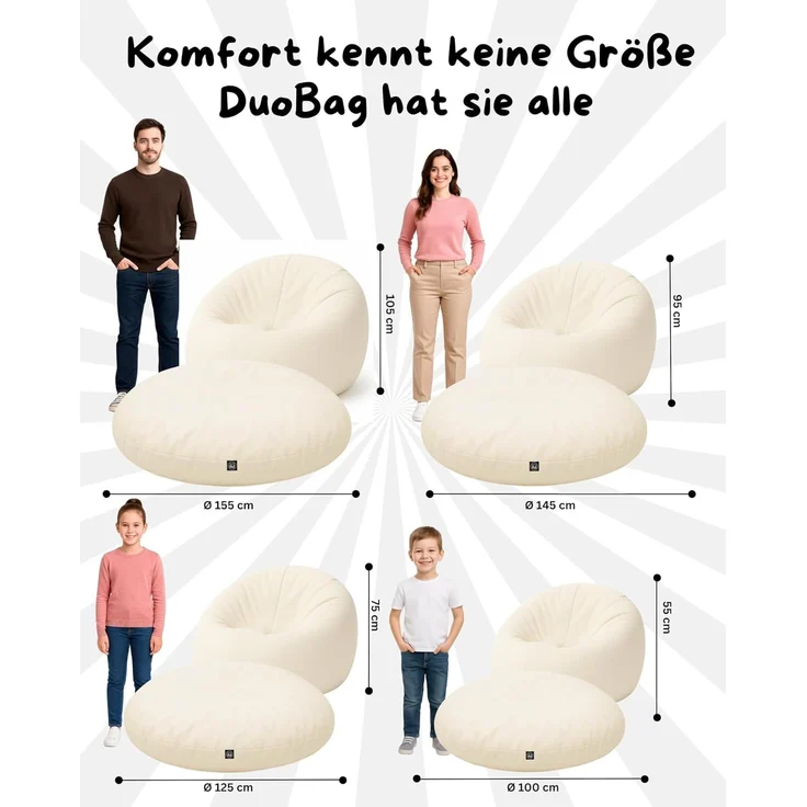 PATCH HOME 2-in-1 Sitzsack Sessel - Gaming Bean Bag mit Reißverschluss - Bereits befüllt, Ergonomisch & Robust für Kinder & Erwachsene - Indoor & Outdoor, Wetterfest (Creme, 155cm) – Bild 2