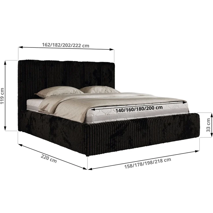 Polsterbett SAVINO CLASSIC mit Bettkasten und Lattenrost Doppelbett 180 x 200 cm mit hohem Kopfteil Stauraumbett Bett mit Gasdruckfeder - Schwarz Cord - Foam Matratze - MIRO LUX – Bild 6