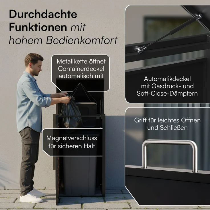 STEELSØN 'Kestra' Mülltonnenbox 1er 240 Liter, graphitschwarz mit Nußbaum-Holzoptik, Mülltonnenverkleidung aus Stahl, wetterfest, 116x80x69 cm, Müllbox für 1 Tonne – Bild 4