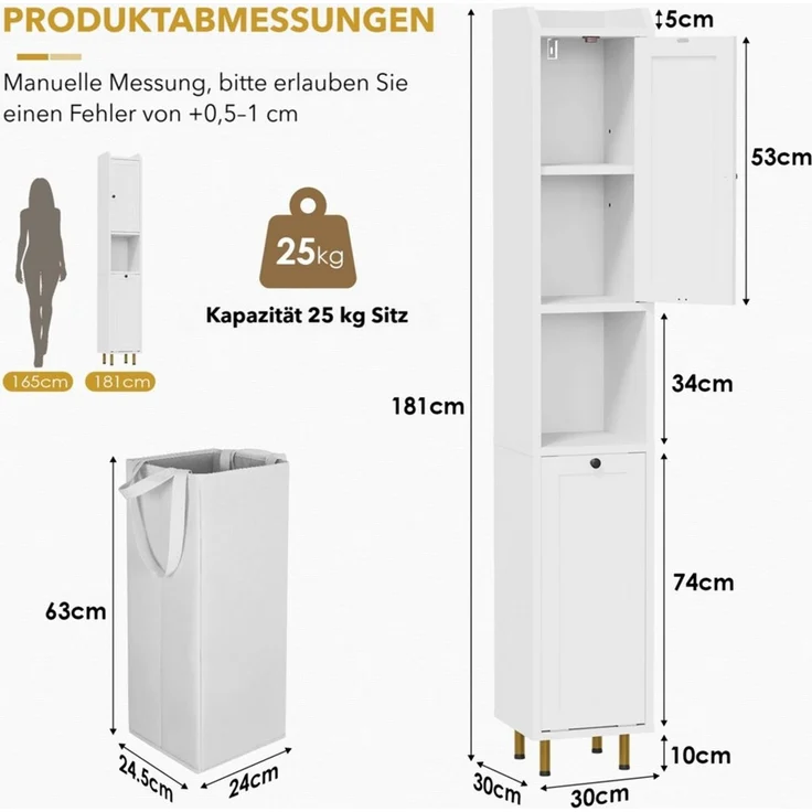 TLGREEN Badkommode Badezimmerschrank mit Wäschekorb, (37 L Wäschebeutel, Standschrank mit 4 Aufbewahrungszonen), verstellbare Böden, 25 kg Tragkraft, Kippschutz – Bild 3