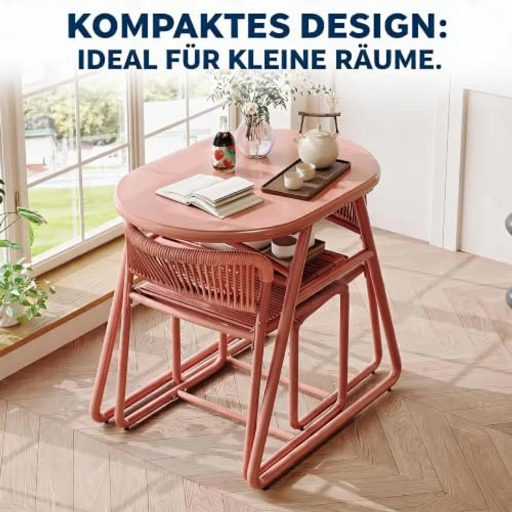 GarveeHome Bistrotisch mit 2 Stühlen, Modernes 3-teiliges Bistro-Set für Garten, Balkonmöbel Set mit 80cm Tisch&2 Stühle aus wetterfestem, Terrassenmöbel Möbel Set für Kleinen Balkon（Orange） – Bild 2