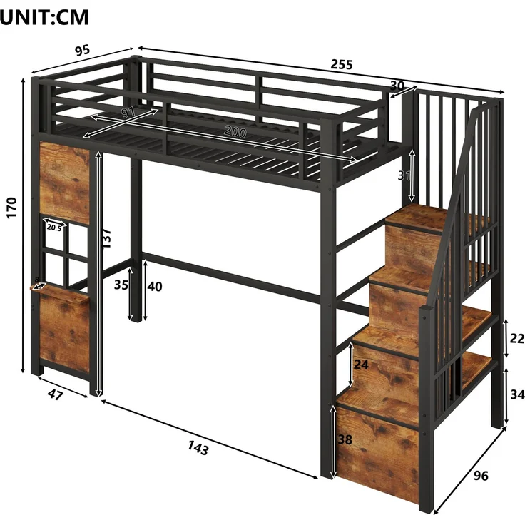 EINHOM Hochbett, 90 x 200 cm, Eisenrahmen, Ablageleiter, Offener Stauraum unter dem Bett, Fenstergestaltung, Icherheitsgeländer, Schwarz (Ohne Matratze) – Bild 2