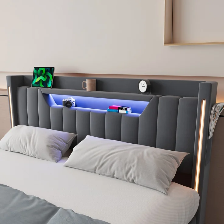Polsterbett 140x200 cm mit LED-Beleuchtung, Ladestation und Stauraum – Ohne Matratze – Bild 1